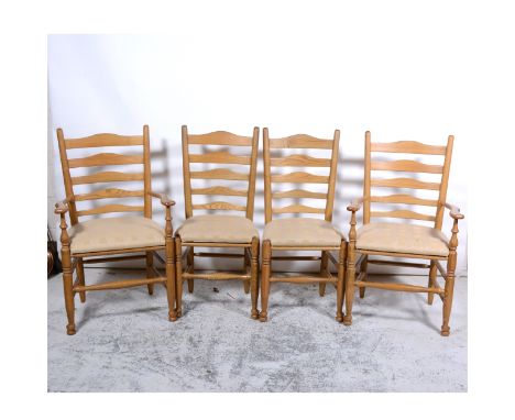 Set of six elm and ash ladder-back dining chairs, comprising two elbow chairs, four single chairs, all with turned legs and r