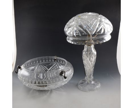 Waterford style cut glass table lamp and shade, 47cm and a similar ceiling bowl, (2).