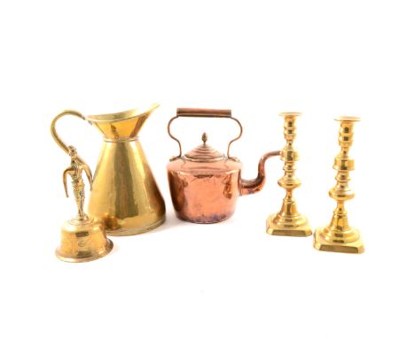 Copper helmet-shape coal scuttle, 38cm; copper shallow pan; Victorian copper kettle; brass trivet; brass companion set; coppe