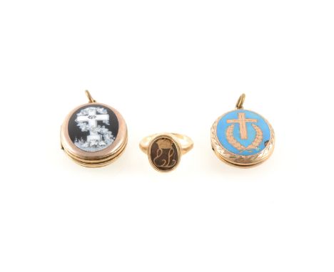 Two yellow metal oval lockets, 30mm x 25mm with turquoise enamel inlaid with a cross and laurel leaves, another 30mm x 25mm w