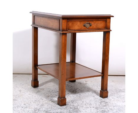 Reproduction walnut and burr walnut occasional table, rectangular top with cross-banding, moulded edge, frieze drawer, square