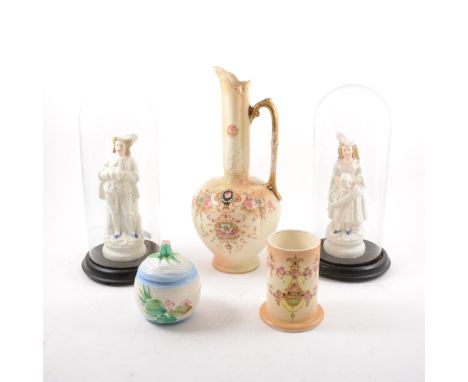 A pair of German parian figures with glass domes (one damaged), Crown Devon blush ivory ewer, cress dish, brush holder, and j