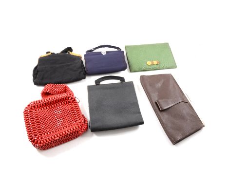 A collection of vintage handbags, a light turquoise velvet handbag decorated with flowers with ruched satin bearing a label o