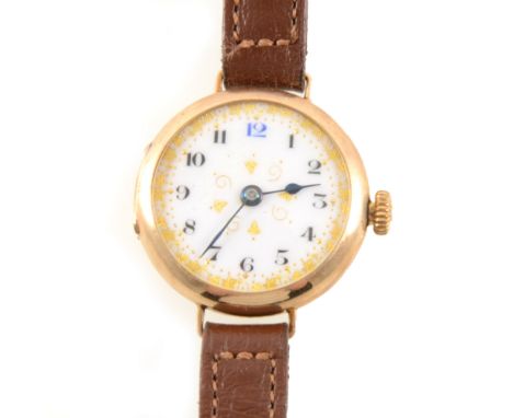 A lady's 9 carat yellow gold wrist watch, circular white enamel arabic dial in an 9 carat yellow gold 25mm plain polished cas