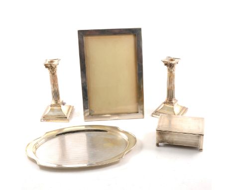 Large silver photograph frame, marks rubbed, engine-turned decoration; 30cm x 20cm; silver jewellery box, engine turned decor