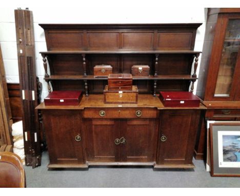 Country made oak breakfront sideboard servery, with later back shelf, 192cm.