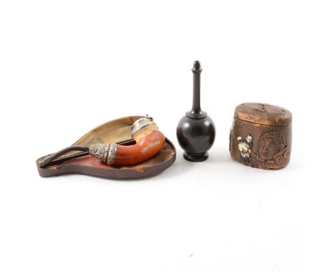 Japanese caddy 8cm, Meerschaum pipe, ebony powder applicator.