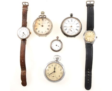 A collection of white metal wrist and pocket watches, a gentleman's wrist watch with white enamel arabic dial with subsidiary