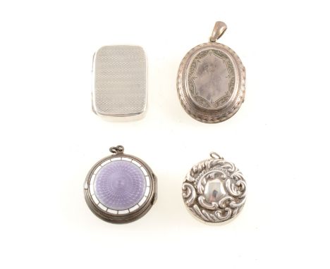 Four collectable silver boxes/locket, a circular silver patch box by Levi &amp; Salaman with mirror to interior, lilac and wh