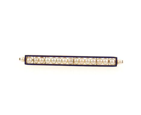 A yellow metal rectangular bar brooch set with seventeen 3.5mm pearls having a blue enamel border, marked 15ct, 60mm long.