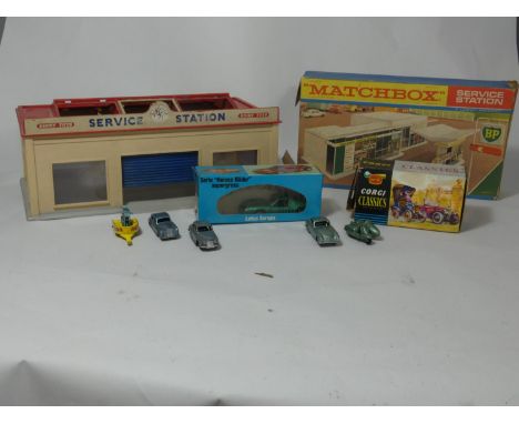 A Matchbox service station (boxed) together with a Dinky service station, Corgi Bentley, a Mattel Lotus Europa, Lesney die ca