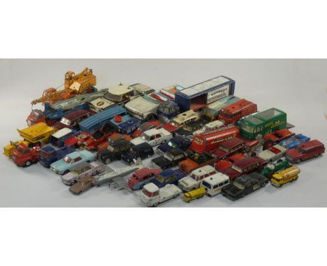 A collection of play worn Die-cast cars, trucks and vans. Including Corgi, Dinky and Matchbox 