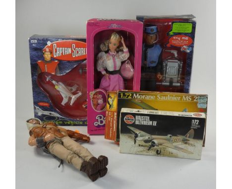 Captain Scarlet (boxed) Captain Blue talking action figure together with, Spectrum vehicle collection, boxed angel face Barbi