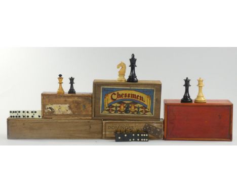 A Chad Valley boxed wooden chess set,together with  a similar boxed chess set and a miniature chess set. Two domino sets. 
