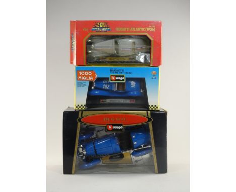 Three Burago die-cast models including a 1936 Bugatti Alantic, a Bugatti Type 55 and a Bugatti Type 59 (3). 