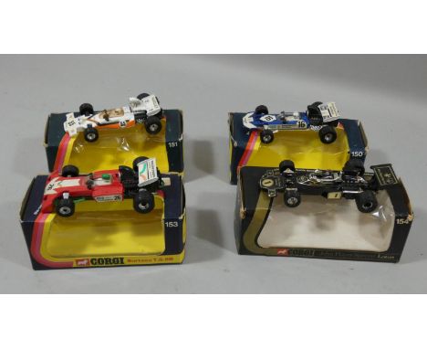 Four Corgi Formula 1 race cars, model 150, 151, 153 and 154, boxed (4). 