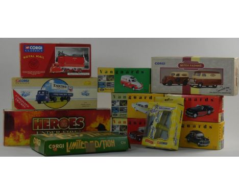 A boxed Corgi limited editon- Minor Morris Van set (No, 4483), Corgi Heros Under Fire fire-engine with certificate, Corgi The