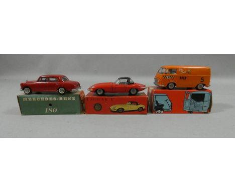 Tekno, Jaguar E type, model 927, Mercedes Benz 180, model 723 and Taunus Transit , model 415, all boxed. 
