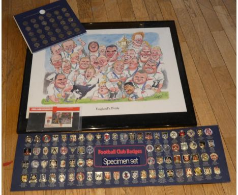 A cartoon poster of the 2003 England World Cup winning team, together with 2003 stamp first day cover and two football bookle