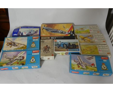 A collection of model kits to include- Matchbox Super Marine Spitfire Mk.8, Airfix Bugatti 35B 32 and others. (11) 