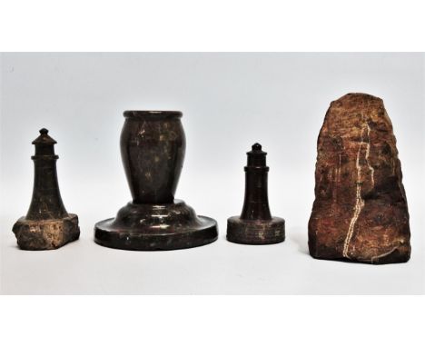 A 20th century serpentine lighthouse - height 9cm, together with another smaller, a small vase, egg timer and a candlestick b