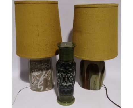 A Tremaen Pottery table lamp - the base decorated with flowers, height 30cm, together with another similar abstract decorated