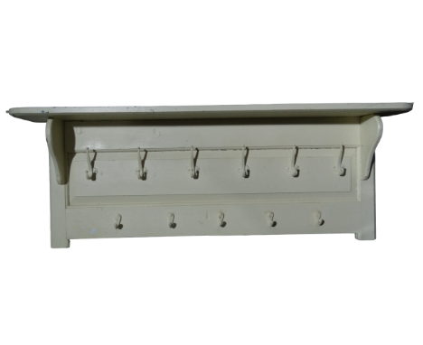 A French late 19th century cream painted panel of coat hooks - in two rows with a shelf above, width 130cm x height 52cm