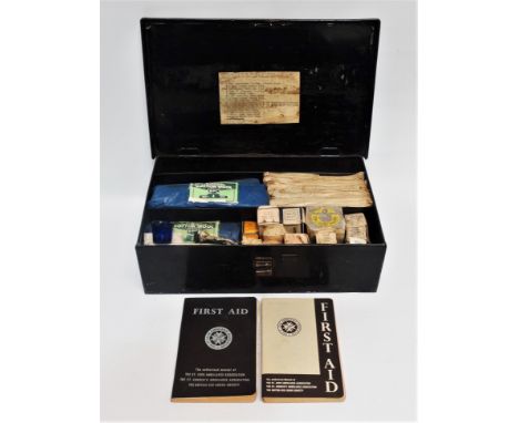A St John's Ambulance Association First Aid kit - contained within a rectangular metal box, contents including various bandag