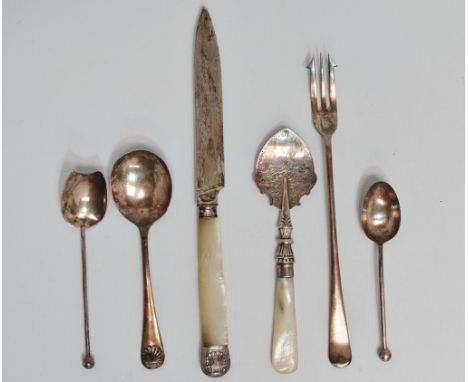 A silver jam spoon with mother-of-pearl handle - Birmingham 1886, the blade with foliate engraving, together with a fruit kni