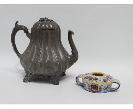 An early 20th century Quimper inkwell - of typical decoration, including an armorial and twin handles, width 13cm, together w