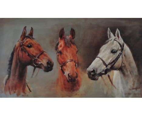 S L CRAWFORD (British b. 1941), The Three Kings (Arkle, Red Rum and Desert Orchid), lithograph, framed and glazed, 35cm x 65c