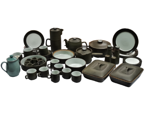 A Denby dinner service - six place settings, including casseroles, a coffee pot, a teapot, cups, saucers and serving dishes. 