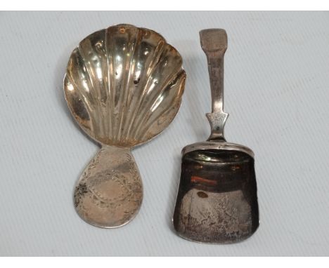 A Georgian silver caddy spoon - Birmingham 1790, of shovel form, together with another shell shaped caddy spoon (2)