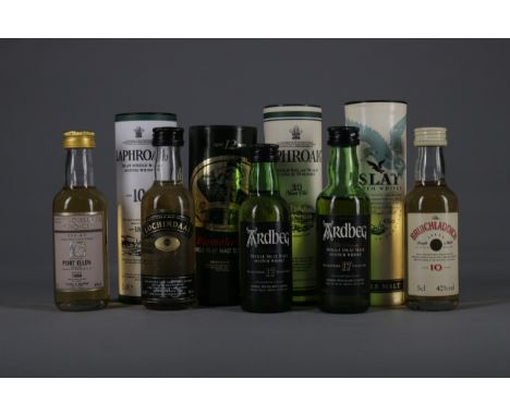 NINE ISLAY SINGLE MALT SCOTCH WHISKIES Includes Port Ellen 1980 Connoisseurs Choice (40%), 2x Ardbeg aged 17 years (40%), Lap