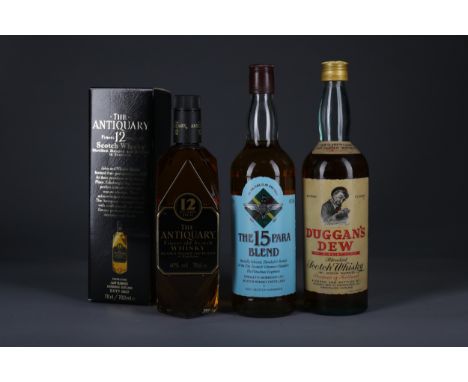 DUGGAN'S DEW Blended Scotch Whisky 4/5 quart, 86° proof. THE 15 PARA Blended Scotch Whisky 75cl, 40% volume. ANTIQUARY 12 YEA