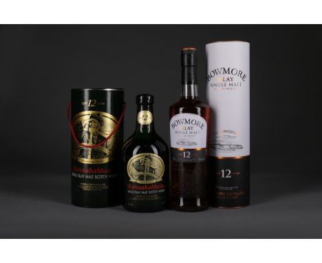 BUNNAHABHAIN AGED 12 YEARS Single Malt Scotch Whisky 70cl, 40% volume, in tube. BOWMORE AGED 12 YEARS Single Malt Scotch Whis
