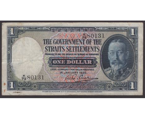 Government of the Straits Settlements, $1, 1 January 1935, serial number K/76 80131, Alexander Small signature, original good