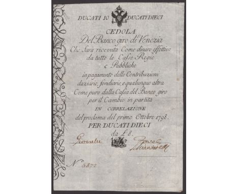 Banco Giro di Venezia, Italy, 10 Ducati, 1 October 1798, serial number 6872, manuscript signatures below; also Regie Finanze-