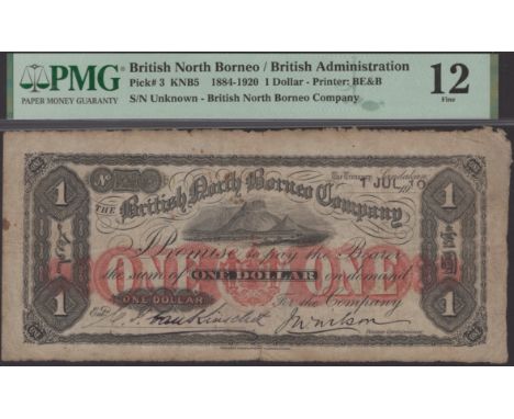 British North Borneo Company, $1, hand-stamped date 1 July 1910, serial number faded to obscurity, one printed and one manusc