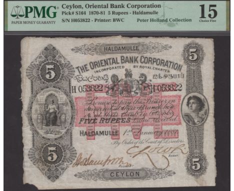 Oriental Bank Corporation, Ceylon, 5 Rupees, 1 January 1881, serial number H 053822, Haldemulle, ‘Victoria’ as Empress enthro