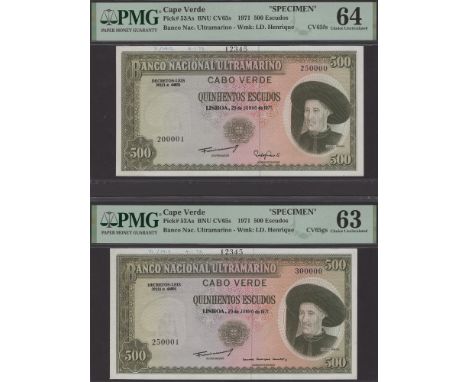 Banco Nacional Ultramarino, Cape Verde, printers’ archival specimens for 500 Escudos (2), 29 June 1971, serial number ranges 