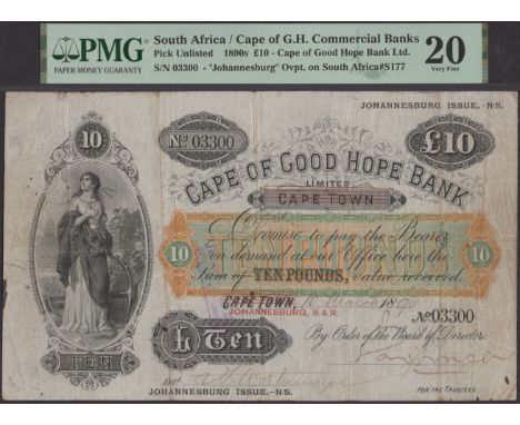 Cape of Good Hope Bank, Johannesburg Issue, £10, 10 March 1890, serial number 03300, two manuscript signatures, purple Coutt’