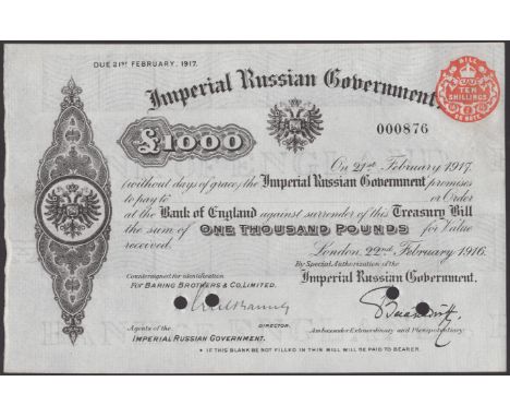 Imperial Russian Government, £1000 Treasury Bill, 22 February 1916, serial number 000876, perforated, manuscript signature of