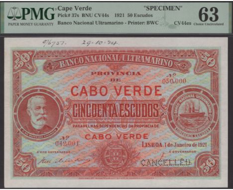 Banco Nacional Ultramarino, Cape Verde, printers’ archival specimen 50 Escudos, 1 January 1921, serial number range 042001 to