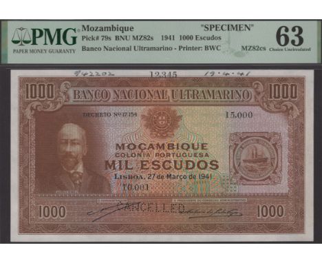 Banco Nacional Ultramarino, Mozambique, printers’ archival specimens for 1000 Escudos (2), 27 March 1941, serial number range