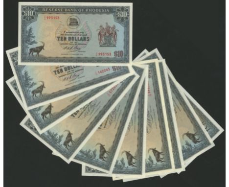 Reserve Bank of Rhodesia, a group of $10, 1970-76, prefix J/6, J/12, J/25, J/27, J/37 (2), J/38,  J/45, J/46, J/67, a date ty