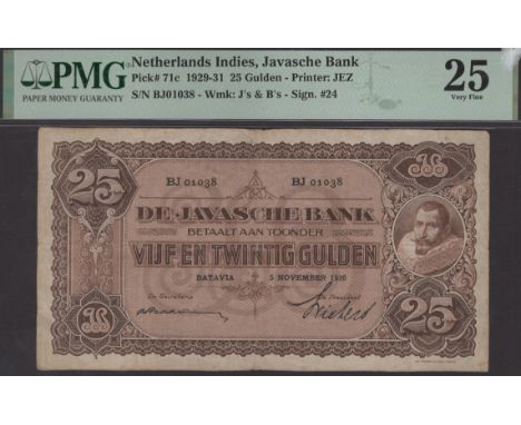 De Javasche Bank, 25 Gulden, 5 November 1930, serial number BJ01038, also 10 Gulden (2), 1937, 1938, bank stamp on reverse on