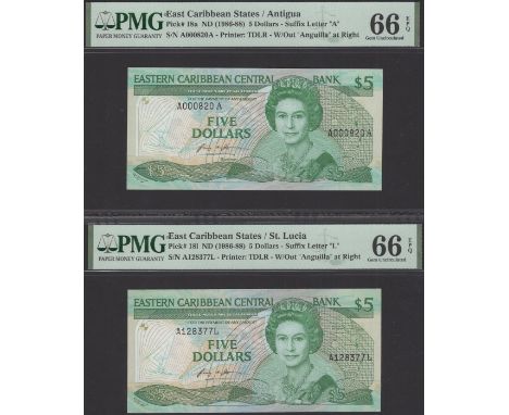Eastern Caribbean Central Bank, $5 (3), ND (1986), serial number A000820A (Antigua), A688217K (St Kitts), A128377L (St Lucia)