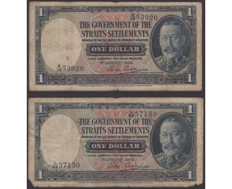 Government of the Straits Settlements, $1 (2), 1 January 1935, serial numbers K/10 53920 and L/35 57150, Alexander Small sign