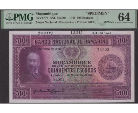 Banco Nacional Ultramarino, Mozambique, printers’ archival specimens for  500 Escudos (2), 1 November 1941, serial number ran